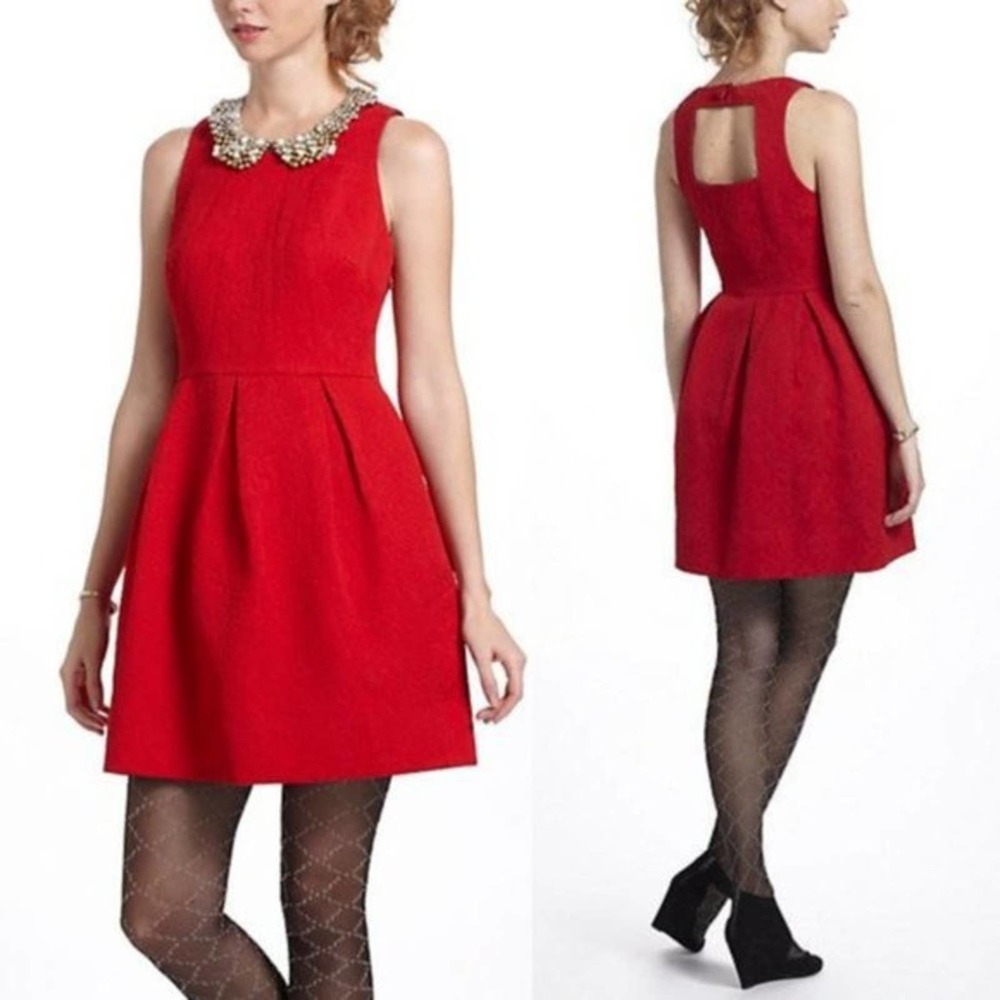 Anthropologie Red Brocade Dress Moulinette Seours Size 6